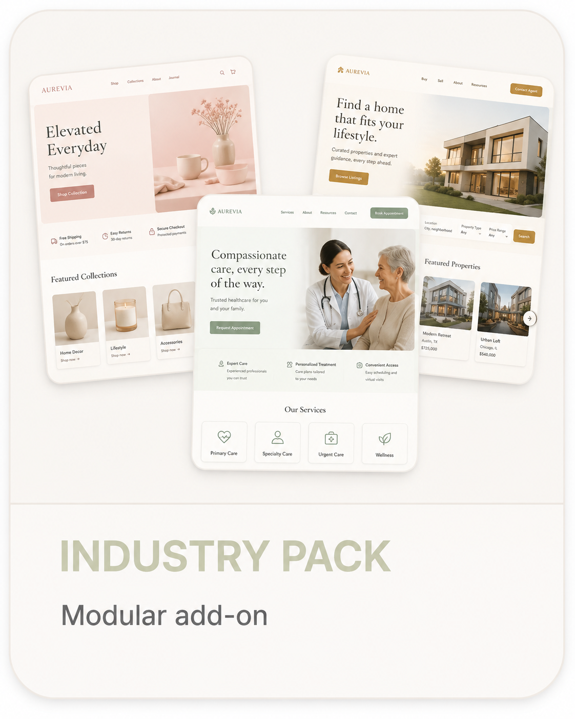 Aurevia Industry Pack showing modular digital solutions for retail, healthcare and real estate businesses.